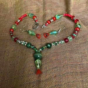 2/25 Handmade Christmas Cactus Inspired Beaded Choker & Earrings Gift Set